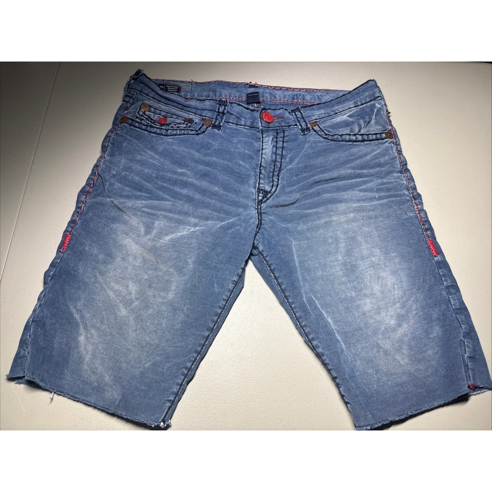 True Religion Denim Shorts Men's 36 Ricky Short Relaxed Straight Cut Off Stitch